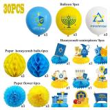 Happy Hanukkah Party Decorations Set - Chanukah Hanging Paper Pom Poms Flowers Paper Honeycomb Balls - Hanukkah Party Balloons Party Supplies - Hanukkah Honeycomb Centerpieces Desk Topper Decors