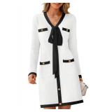 MEROKEETY Women Long Sleeve Color Block Sweater Dress Button Bow Tie Elegant Formal Work Mini Dresses, White, X-Large