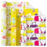 MAYPLUSS Kids Birthday Wrapping paper - Mini Roll 17 In x 10 Ft Per Roll - Adorable Colorful Dinosaur/Car/Mechanical Robotic Pattern Gift Wrap Present Paper for Birthday,Party, Baby Shower & Holiday