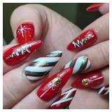 Christmas Press on Nails Medium Almond Fake Nails Xmas Tree Glue on Nails Gold Glitter Snowflake Stick on Nails Green White Swirl False Nails Red French for Women Girls Holiday Manicure 24PCS