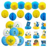Happy Hanukkah Party Decorations Set - Chanukah Hanging Paper Pom Poms Flowers Paper Honeycomb Balls - Hanukkah Party Balloons Party Supplies - Hanukkah Honeycomb Centerpieces Desk Topper Decors
