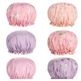 Dual-Layered Shower Cap,6-pack Shower Caps for Women Reusable Waterproof with Unique Patterns: Butterflies, Stars, Hearts,Elastic Plastic Hair Cap Perfect for Women Ladies Spa Salon (#1-multi-color)