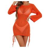 POPMONO Women Swimsuit Crochet Cover Up Long Sleeve Backless Summer Bathing Suit Bikini Mesh Knit Swimwear Beach Outfits S Burnt Orange