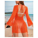POPMONO Women Swimsuit Crochet Cover Up Long Sleeve Backless Summer Bathing Suit Bikini Mesh Knit Swimwear Beach Outfits S Burnt Orange