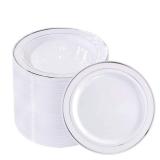 bUCLA 100Pieces Silver Plastic Plates - 6.25inch White with Silver Rim Disposable Salad/Dessert/Appetizer/Small Cake Plates for Weddings, Parties&Gathering