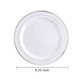 bUCLA 100Pieces Silver Plastic Plates - 6.25inch White with Silver Rim Disposable Salad/Dessert/Appetizer/Small Cake Plates for Weddings, Parties&Gathering