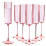 Ciaell 24 Pack Pink Plastic Champagne Flutes - 6oz Ribbed Disposable Champagne Glasses - Pink Vintage Mimosa Glasses with Long Stem, Elegant & Lightweight for Weddings and Party