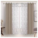 BONZER Mix and Match Curtains - 2 Pieces Branch Print Sheer Curtains and 2 Pieces Blackout Curtains for Bedroom Living Room Grommet Window Drapes, 37x84 Inch/Panel, Taupe, Set of 4 Panels