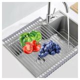 Sindax 23.7\" Extra Large Dish Drying Rack, Expandable Roll Up Over The Sink Dish Drying Rack, SUS304 Stainless Steel Multipurpose Kitchen Drainer Rack Up Load to 70Lb