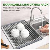 Sindax 23.7\" Extra Large Dish Drying Rack, Expandable Roll Up Over The Sink Dish Drying Rack, SUS304 Stainless Steel Multipurpose Kitchen Drainer Rack Up Load to 70Lb