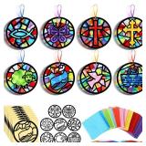 Eersida 32 Pcs VBS Crafts Cross Vacation Bible School Suncatchers Paper DIY Shaped Stained Glass Tissue Paper Kits Bulk for Window Classroom Activities Art Party Decorations Gift