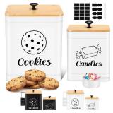 SUGAR LABEL, NOT CANDIES Reallnaive 2 Pcs Cookies and Candies Jar with Airtight Bamboo Lid and Spoon Large Capacity Metal Cookies Candies Jars with DIY Labels Farmhouse Food Storage Containers for Kit