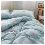 FACE TWO FACE Bedding Duvet Cover Set100% Washed Cotton Duvet Cover Linen Like Textured Breathable Durable Soft Comfy(Full, Light Blue) - Retail: $36