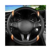 Sandfren Carbon Fiber Car Steering Wheel Cover, 15 Inch Breathable PU Leather Vehicle Steering Wheel Protector with Anti-Slip Lining, Soft Automotive Interior Accessory, Universal Fit (Black/Orange) -