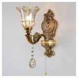 Aeyee Vintage Wall Sconce, Antique Brass Wall Light with Pull Chain On/Off Switch, Crystal Floral Bedside Wall Lamp for Entrance, Bedroom, Hallway - Retail: $70