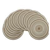 olofable Round Placemats Set - 15 Inch Diameter, Heat-Resistant & Waterproof with Drum Flower Print on Coffee Background for Kitchen/Dining Tables (White, 15 inches Set of 8) - Retail: $20