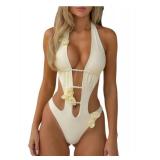 WDIRARA Women's 3D Floral Cut Out One Piece Swimsuit Deep V Neck Tie Halter Backless Swimwear Beige Medium - Retail: $30