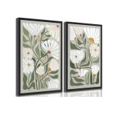 CANVAS POSTER ONLY,NO FRAME 2 Pcs Boho Wildflowers Canvas Wall Art Green Bohemia Abstract Floral Botanical Painting Picture Wall Decor Poster Print Artwork for Living Room Bedroom Bathroom Home Decora