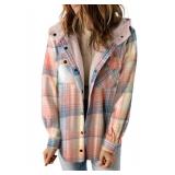 Dokotoo Fashion 2025 Winter Clothing for Women Plaid Shacket Jacket Women Sherpa Lined Fleece Fur Hooded Button Up Long sleeve Flannel Shirts Fluffy Warm Thick Oversized Outwear Coat Pockets Pink M - 