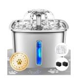 PRE OWNED Veken Innovation Award Winner Stainless Steel Cat Water Fountain, 95oz/2.8L Automatic Pet Fountain Dog Water Dispenser with Replacement Filters & Silicone Mat, Gifts for Cats, Dogs (Silver) 