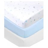 American Baby Company 3 Pack 100% Natural Cotton Fitted Crib Sheets 52\' x 28\' - Soft, Breathable, Hypoallergenic & Gentle Toddler Bed Sheets, Blue Stars/Blue/White, Neutral for Boys & Girls - Retail