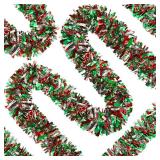 66 Ft Christmas Tinsel Garland Thick Tinsel Garland Xmas Tree Decorations Metallic Tinsel Twist Garland for Christmas, Birthday, Party Decor Indoor Outdoor Party Supplies (Green-Red-Silver) - Retail: 
