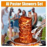 Al Pastor Skewer for Grill, 13 Inch Brazilian Spit Stand with 5 Spikes & 2 Brushes, Tong, Pad, Stainless Steel Vertical Sticks, Gyro Pan with Fat Separator for Tacos Al Pastor, Shawarma, Chicken - Ret