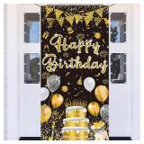GYA 3x6ft Black Gold Birthday Door Banner Glitter Sequin Happy Birthday Background Cake Balloons Gifts Backdrops Girl Boy Men Women Bday Celebration Party Decor - Retail: $10