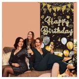 GYA 3x6ft Black Gold Birthday Door Banner Glitter Sequin Happy Birthday Background Cake Balloons Gifts Backdrops Girl Boy Men Women Bday Celebration Party Decor - Retail: $10