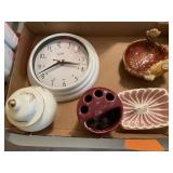 Bathroom supplies, clock, lots of plastic ware