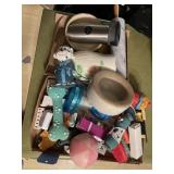 2 Boxes dog toys & bowls, misc