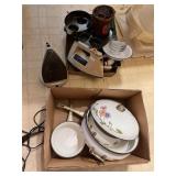 Set of pots & pans, 2 irons, more