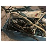 Box of surge suppressors, extension cords, misc