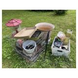 Dog crate, shepherds hook, bird feeders, more