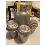 Vintage coffee pot & 3 smoothie shakers