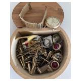 Wooden box of assorted tie tacks, cuff links