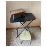 Black tray table, wood bench & chair