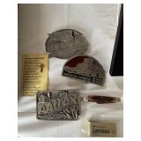 Belt buckles, knife, photo display
