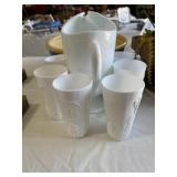 Heavy milk glass pitcher & 6 glasses