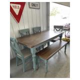 Farmhouse style table, 4 chairs & bench