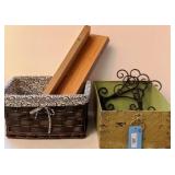 Two Wooden Floating Shelves, Metal Basket & More
