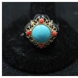 14 k gold black, orange, Turquoise ring