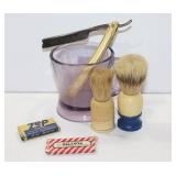 Vintage shaving mug, brush, and razors.