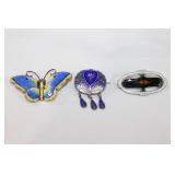 Trio of Sterling Silver - Enamel Brooches