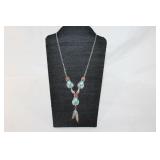 Sterling Signed JJ Turquoise, Red Coral Necklace