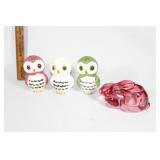 Three decorative owls,Glass rabbit candle holder