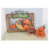 Metal Fall Welcome sign, Two wooden pumpkins