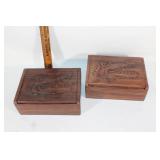 Two handcarved woody mascot wood jewelry boxes