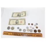 1957 Blue seal dollar bill,1953 Red Seal five bill