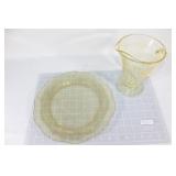 Yellow Depression Glass plate and pitcher